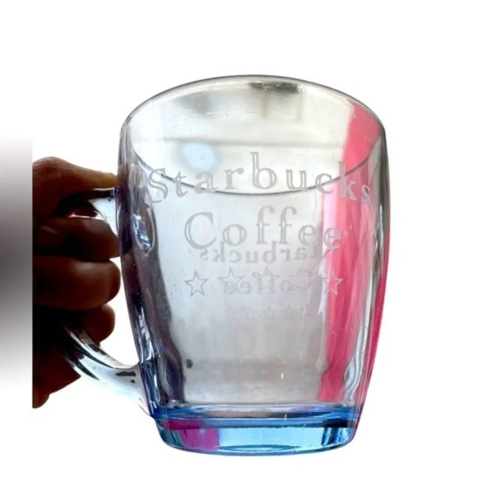 Starbucks Etched Glass Coffee Mug Clear Durable Handle Unique Five Stars Design‎
